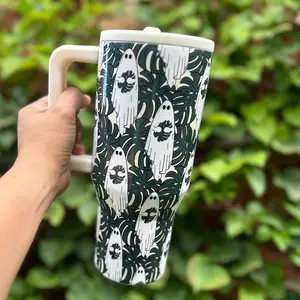 Ghost with Monstera Leaf 32 oz Tumbler with Flip Straw for Halloween season and plant lover - Drinkware - Bottle