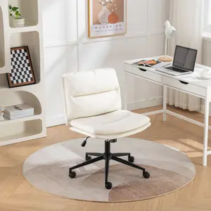 Bizerte PU Leather Office Desk Chair Armless Makeup Vanity Chair with Height Adjustable & 360° Swivel Wheels Ergonomic Computer Executive Chair for Bedroom Study White Functional Furniture