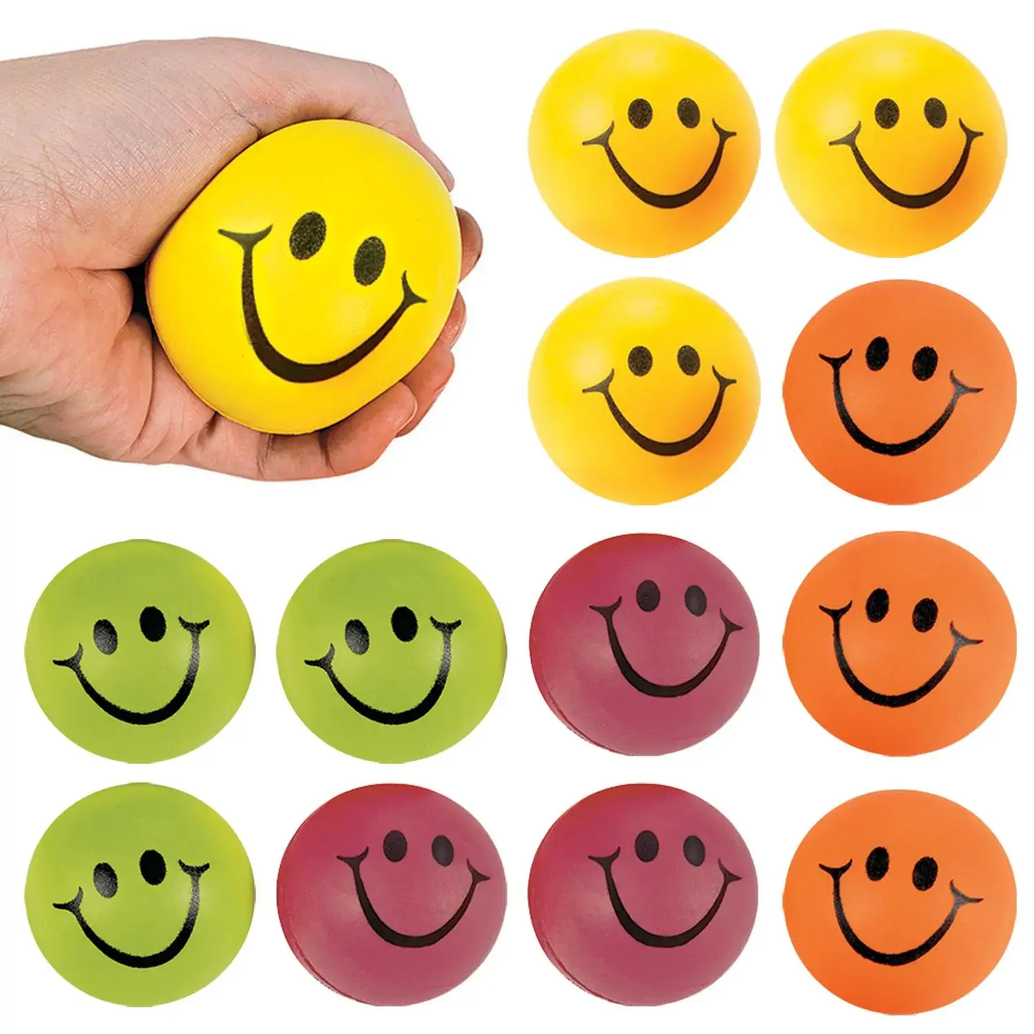2 1/2" Neon Solid Color Smile Face Foam Stress Balls - 12 Pc.
