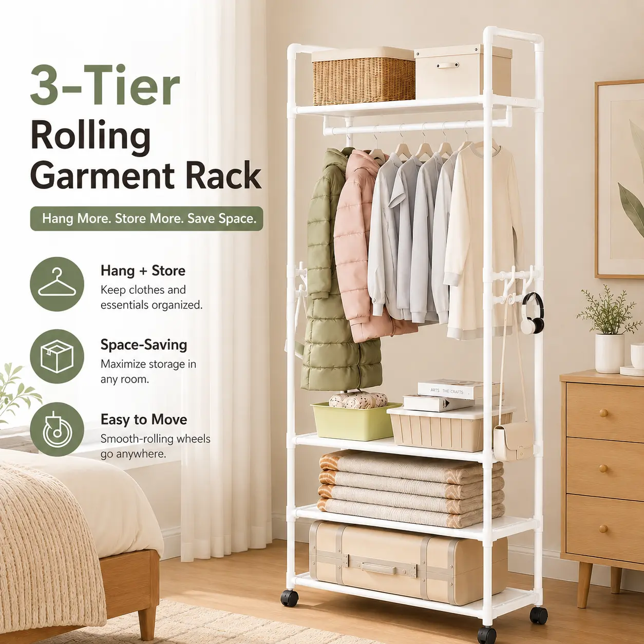 3-Tier Rolling Garment Rack with Shelves and Side Hooks, Mobile Clothes Organizer for Bedroom, Entryway, Laundry Room and Small Spaces