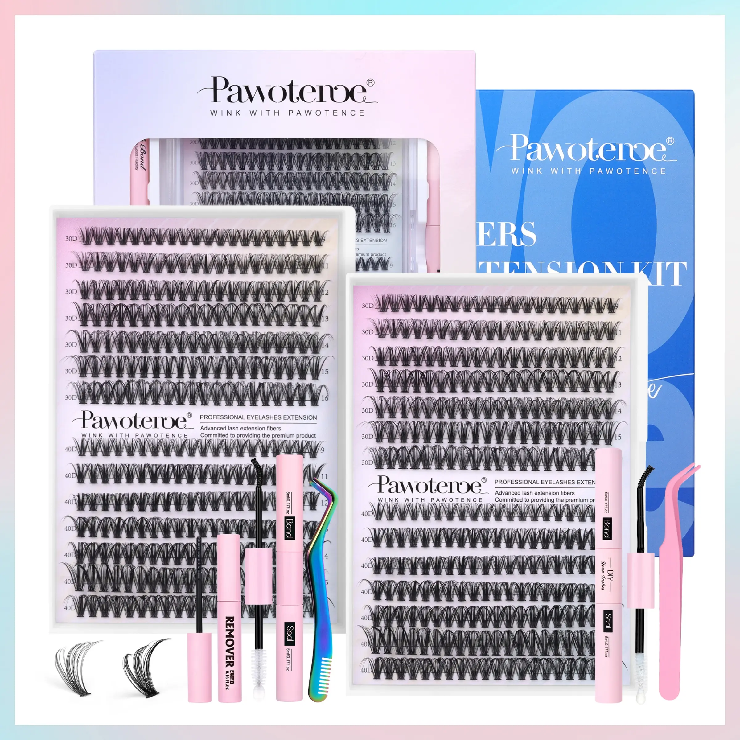 Pawotence DIY Lash Extension Kit 280pcs Individual Lash Clusters Kit 30D&40D Cluster Eyelash Extensions Kit with Lash Bond and Seal, Lash Remover, Lash Tweezers for DIY at Home