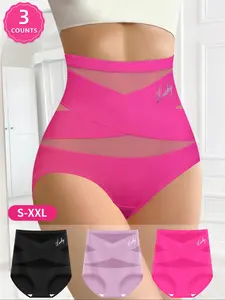 3-Pack MEIYATING High-Waist Women's Underwear, Waist Cinching Breathable Mesh, Seamless Ice Silk Triangle Panties, Shaper Panties, Shapewear Butt Lifter