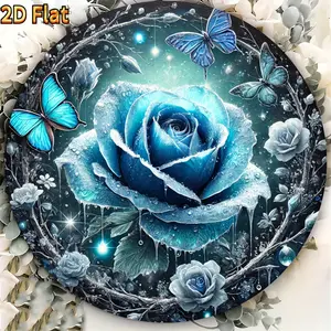 Blue Rose with Water Drops, Blue Fireflies & Butterflies, 8x8 Inch Round Metal Sign, Outdoor/Indoor Use, Pre-Drilled Holes, Multi-Purpose Decoration, Front Door Wreath, Garden Accessories, Home, Cafe, Bedroom, Bar, Living Room, Festive Gift