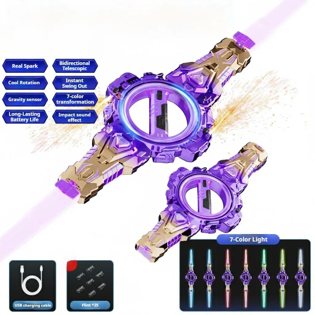DKD Rotating Blade Spark Lightsaber Toy for Kids 6+, Dual Flame Spark Design, RGB Colorful Lights, Sound Effects, USB Rechargeable, Party Prop Gift