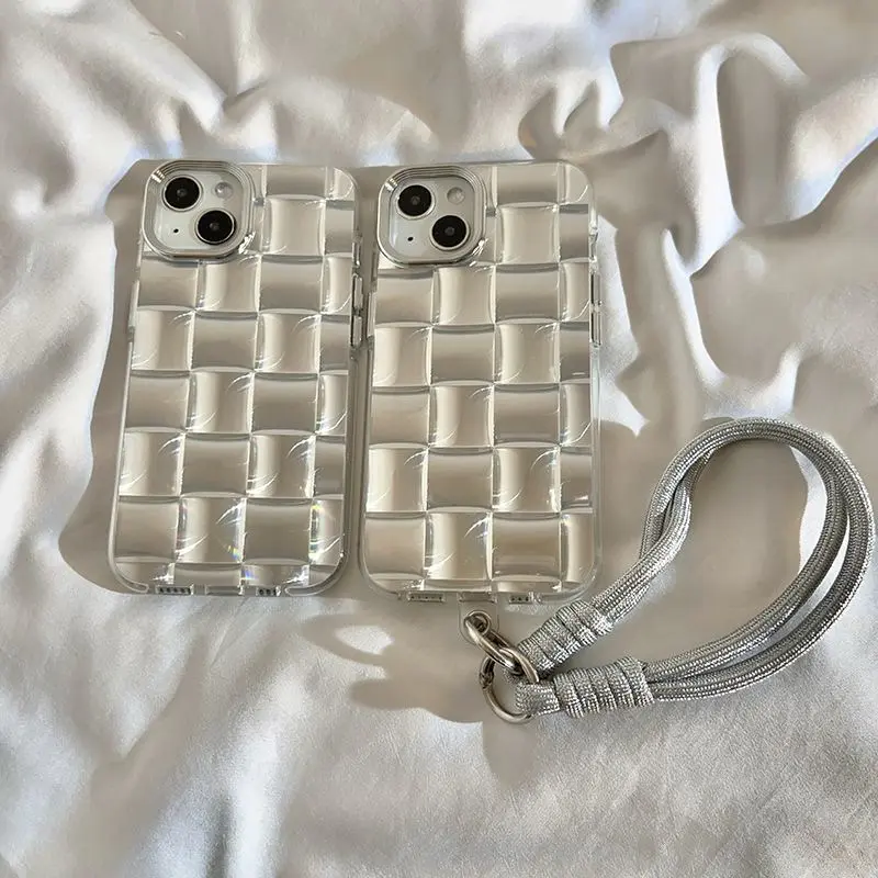 Light Luxury Silver Ice Cube Design Lightweight Shockproof Anti-Drop Precise Full Body Fit Compact Cellphone Case with Chain Lanyard - Compatible for iPhone 13,14,15,16 Pro Max Mobile Phone Accessory, Iphone 15
