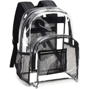 Clear Backpack Heavy Duty PVC Transparent Backpack with Reinforced Strap Stitches & Large Capacity for College Workplace  - Black