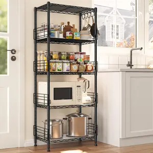 RaybeeFurniture 5 Tier Metal Shelving Unit, Pantry Storage Shelves, Adjustable Metal Wire Shelf with Side Blockers, 59.1" H Standing Storage Rack with Hooks & Shelf Liners for Kitchen Pantry, Bathroom, Closet Organiser