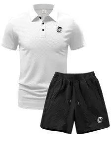 Men's Fashion Casual Letter Cartoon Dolphin Print Short Sleeve Polo Shirt & Shorts Set, Summer Fitted Two-Piece