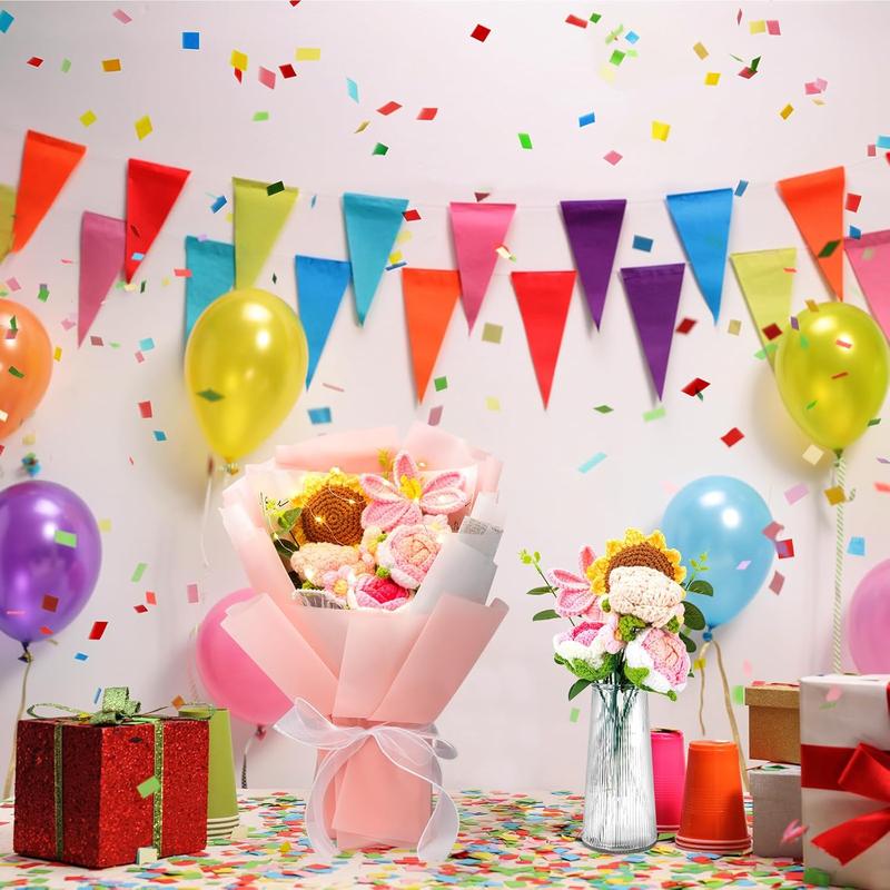 Crochet Flower Bouquet Kit 12 PCS Pink Handmade Knitted Fake Sunflower Rose Daisy for Christmas Mother's Day Birthday Wedding Home Decor Gifts