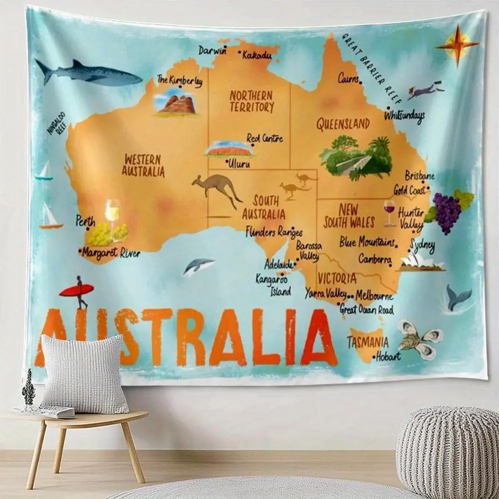 1pc Vintage Travel Poster-Print Australia Map Tapestry - Glam Soft Texture Peachskin Fabric Wall Hanging, Educational Geography Decoration with Kangaroo, Tasmanian Devil, Great Barrier Reef, Machine Washable for Home, Classroom Use, Indoor, Durable