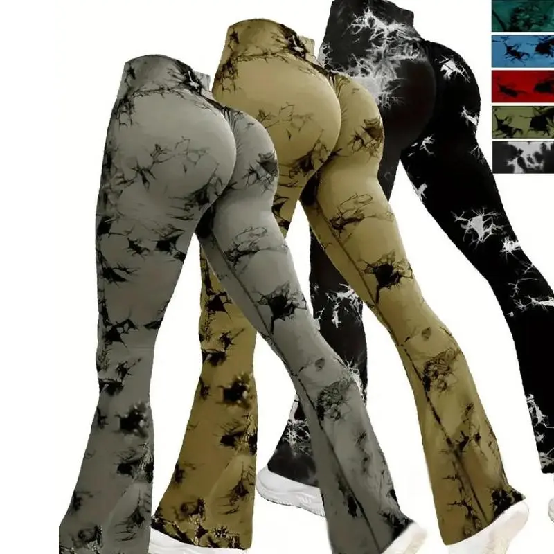 Women's Seamless Tie Dye Flare Yoga Leggings High Waisted Soft Tummy Control Scrunch Gym Workout Bootcut Yoga Pants