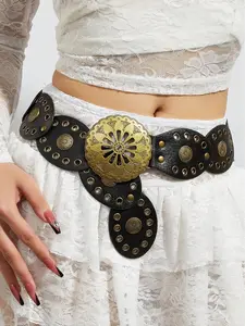 Boho Style PU Leather Rivet Belt Buckle, Vintage Floral Design, Perfect for Dresses, Skirts, Jeans, Parties & Daily Wear