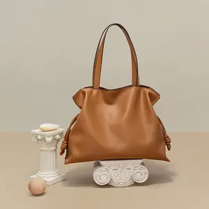Niche Design Genuine Leather Women's Bag Wrinkle Bag Cowhide Shoulder Bag Drawstring Large Capacity Tote Bag#CloudBag