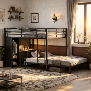 Eyisean Queen Over Queen Size Metal Bunk Bed, Space-Saving Bed Frame with Desk & Wardrobe, Storage Chairs, Heavy Duty Safety Bunk Beds with Guardrail & Ladder, No Box Spring Needed, Modern Slats Beds for Adults, Bedroom
