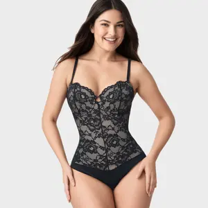 Bloom Lace Thong Full Bodysuit With Spaghetti Straps Gothic Classic Sexy Plain Pattern Adjustable Straps Built-In Underwire Hook-And-Loop Closure