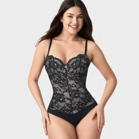 COOSHAPE Women's Gothic Lace Thong Full Bodysuit - Body Contouring Shapewear with Thin Breathable Fabric, Spaghetti Straps, Adjustable Straps, Built-In Underwire, Hook-And-Loop Closure, Triangle Panty, Classic Sexy Fit Lingerie