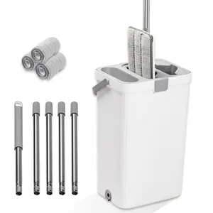 Hand-Free Flat Floor Spin Mop and Bucket Set System with 3 Refills & 5 Extension & Adjustable Stainless Steel Handles for Easy Home Cleaning Mop