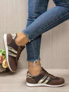 Women's Casual Patchwork Sneakers, Lightweight Comfortable Classic Design, Outdoor Party Training Shoes, All Season PU Leather