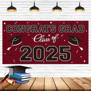 2025 Graduation Party Plastic Backdrop - 65" X 32.7" Congrats Grad Banner In Maroon  Large Class Of Decorations Photography & Supplies