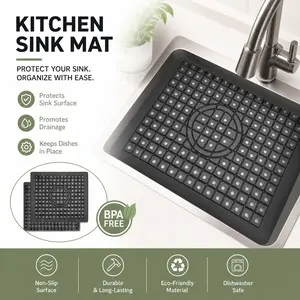 Kitchen Sink Mat, 12" x 10" Dish Drying Mat, Rectangular Sink Protector Mats for Bottom of Kitchen Sink, Fast Draining Sink Mats Grid, 2 Pack Black