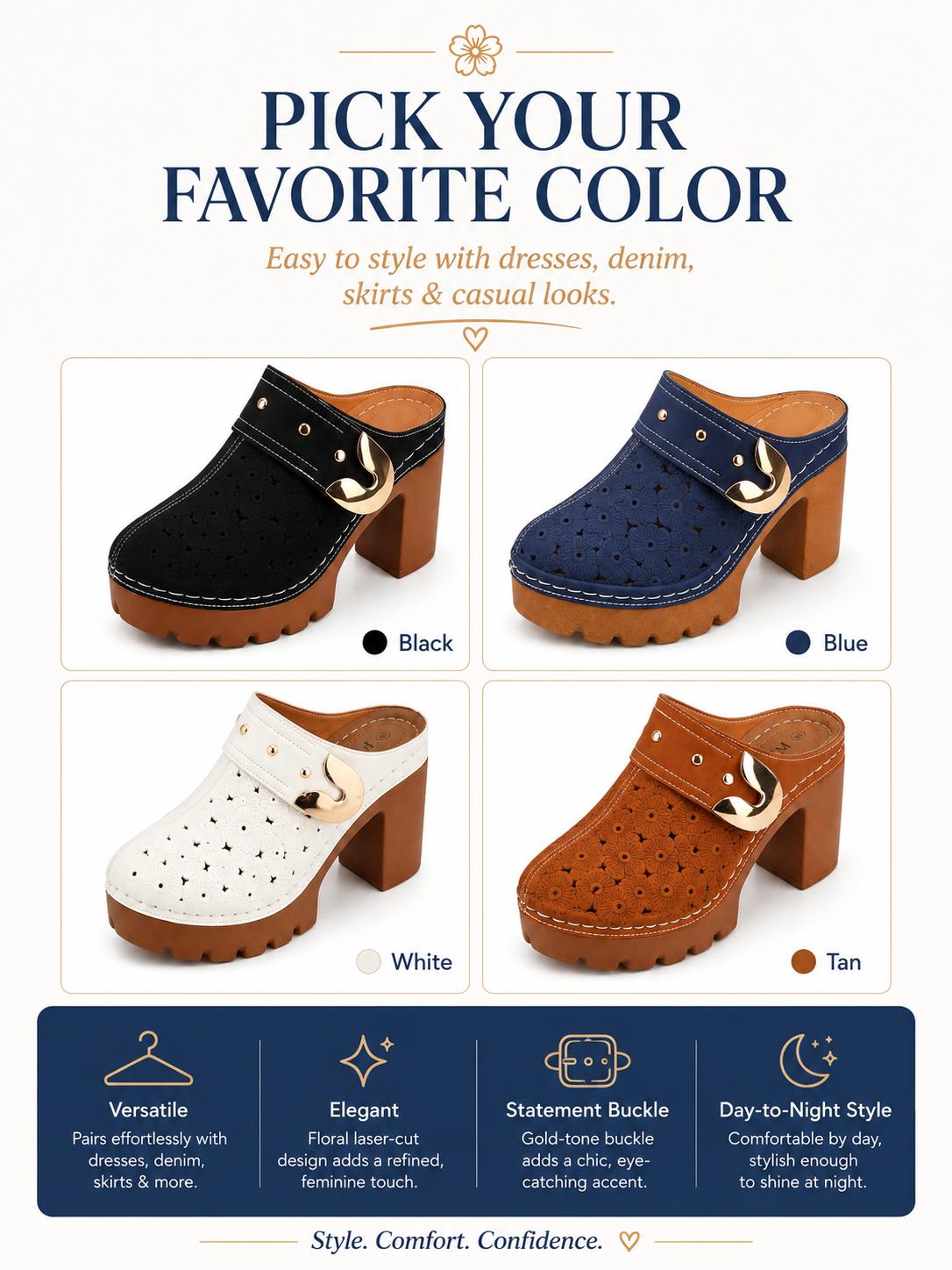Elegant Platform Mules with Floral Cutout Upper Statement Gold Buckle & Stable Block Heel Stylish Comfy Confident