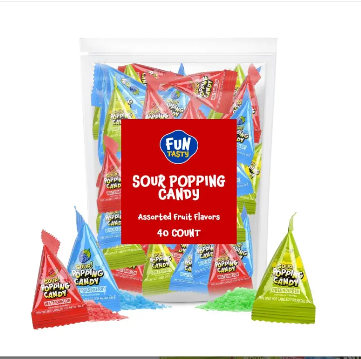 Sour Popping Rocks - 40 Count Bag - Sour Popping Halloween Candy Individually Wrapped - Assorted Fruit Flavors - Triangle Pouches - Blue Raspberry, Watermelon, Green Apple