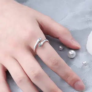 Silver Adjustable Open Hug Ring, Sentimental Hugging Hands Jewelry for Mom, Kids’ Heartfelt Mother’s Day Gift Symbolizing Love and Protection, Comfortable Fit