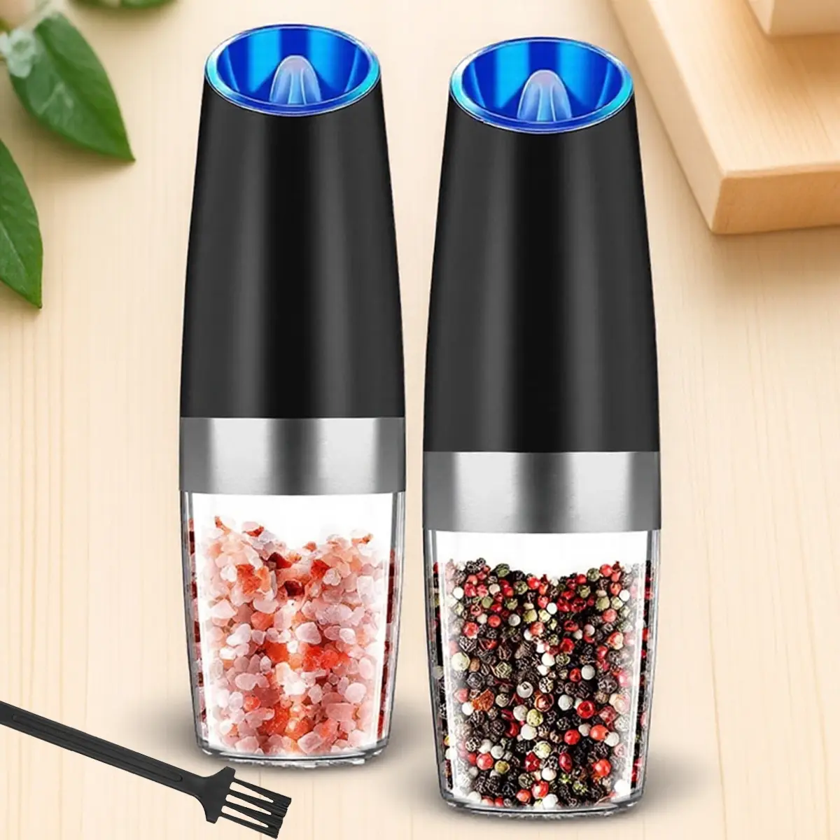 Stainless Steel Gravity Electric Kitchen Gadgets Salt and Pepper Grinder Set, Salt and Pepper Grinder with One-Hand Operation Adjustable Coarseness, Battery Powered, with LED Light, Convenient Spice Jar, Salt Pepper Shakers