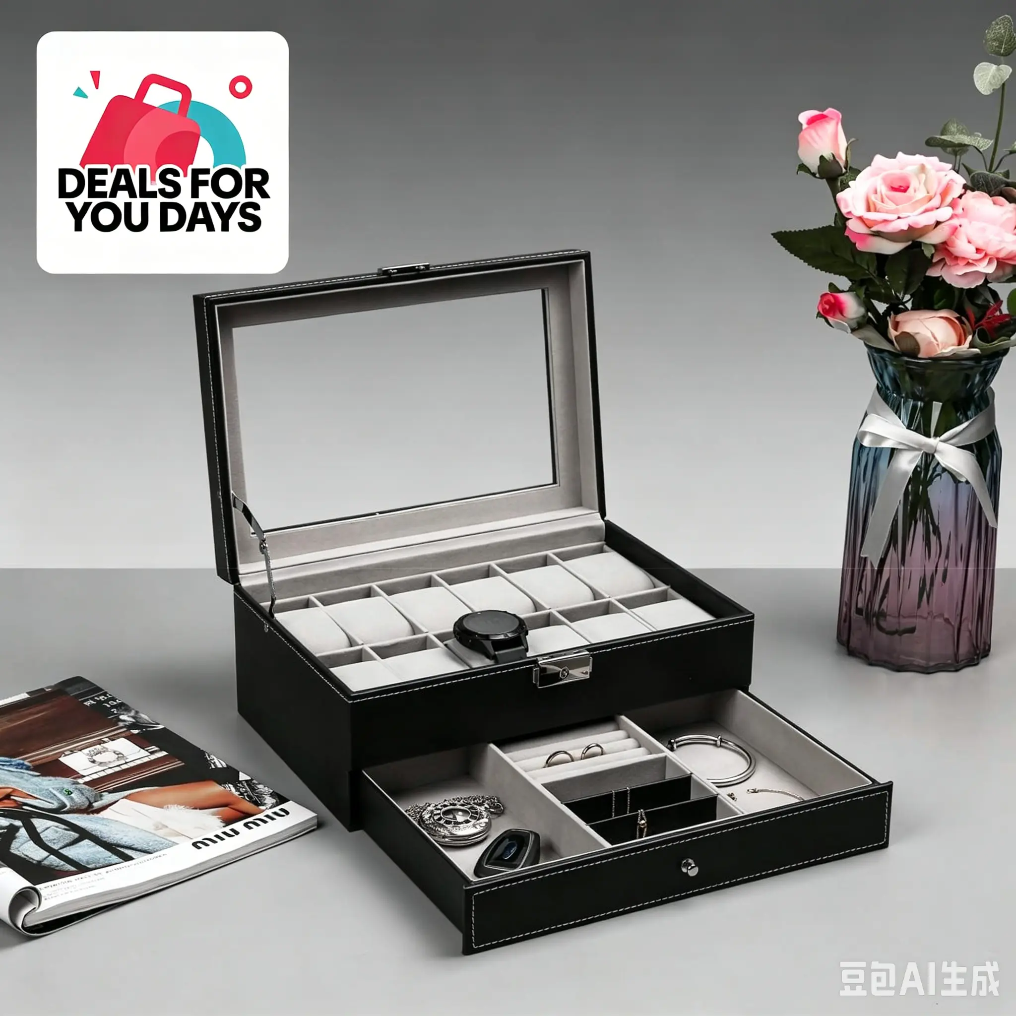 [Deals For You] fathersdaygift 12 Slot PU Leather Lockable Watch Storage Boxes, Men & Women Jewelry Display Drawer Case, 2-tier Organizer Watch Showcase with Glass Lid Jewellery