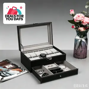[Deals For You] fathersdaygift 12 Slot PU Leather Lockable Watch Storage Boxes, Men & Women Jewelry Display Drawer Case, 2-tier Organizer Watch Showcase with Glass Lid Jewellery