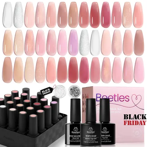 Beetles 20-Color Flawless Art Gel Nail Polish Set, Pastel Translucent Pink Nude Neutral Jelly Sheer Glitter White Bottles, Nail Charms, Pearl Accents, Base Gel, Glossy-Matte Top Coat, Soak-Off UV Kit for Adults’ DIY Manicure Gift