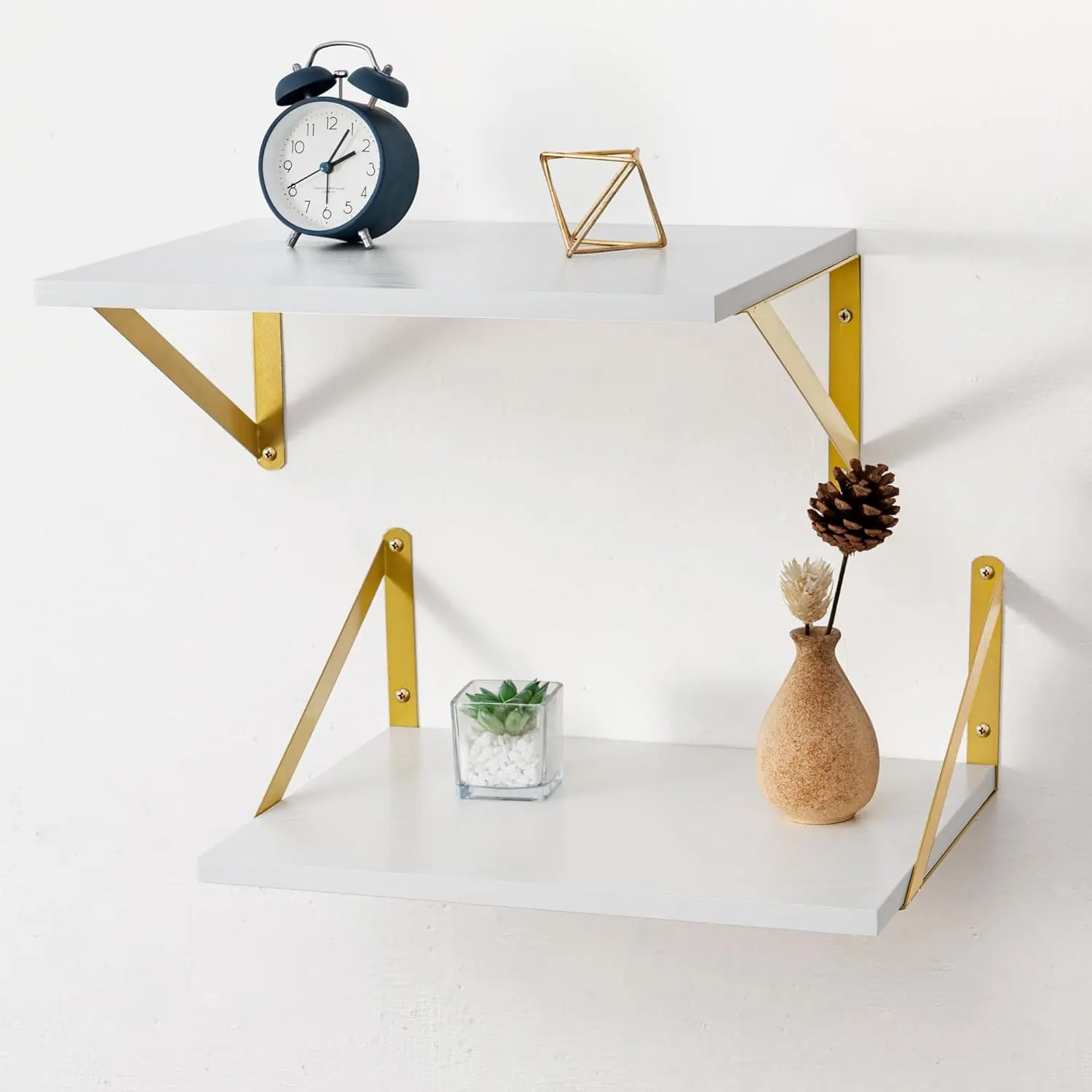 Deep Floating Shelves for Wall, 12 Inch Deep White and Gold Shelves Set of 2, 16W x 12D White Wood Wall Shelves with Golden Brackets for Bedroom Bathroom Living Room Kitchen - White & Gold