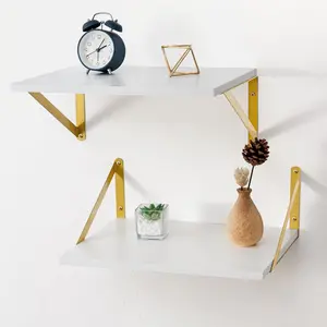Deep Floating Shelves for Wall, 12 Inch Deep White and Gold Shelves Set of 2, 16W x 12D White Wood Wall Shelves with Golden Brackets for Bedroom Bathroom Living Room Kitchen - White & Gold