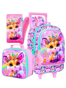 3Pcs Rolling Backpack for Girls, Cute Versatile Backpack, Kids Roller School Backpack with Wheels, Fox Wheeled Bookbag for Elementary Preschool Kindergarten(Pink)