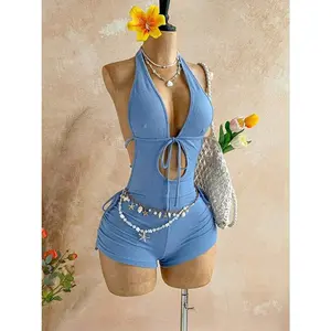 Soleia Womens Boho Knit Hollow Out Jumpsuit, Drawstring Waist Textured Romper, Summer Beach Vacation Party Outfit