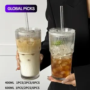 Large-Capacity Striped Glass Tumbler with Lid, Reusable Cold-Drink Cup for Juice or Coffee, Hand-Wash-Only Drinkware for Home, Office, Celebrations & Gift #GLOBAL PICKS