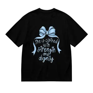 Women's Black & Teal Proverbs 31:25 Bible Verse T-Shirt - She Is Clothed in Strength & Dignity Christian Top with Elegant Bow Graphic, Relaxed Fit Crew Neck Short Sleeve, Machine Washable Inspirationa