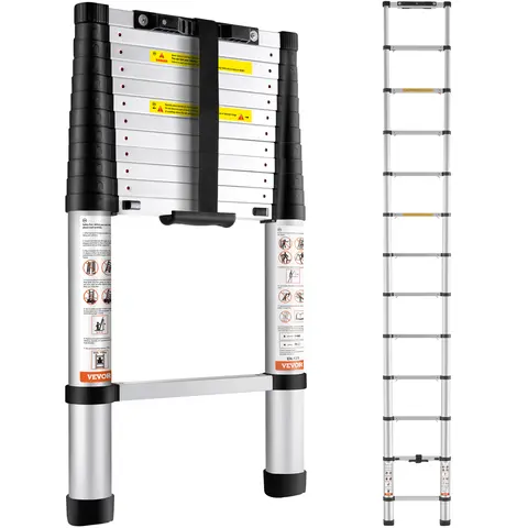 VEVOR Adjustable Foldable Aluminum Telescopic Extension Ladder - 12.5 ft, 1-Button Retractable, Max 375lbs (170 kg), Durable Shakeproof Steps, Non-Slip Feet, Floor Guard, Portable Compact, ANSI Listed for Home Indoor/Outdoor Wall Painting