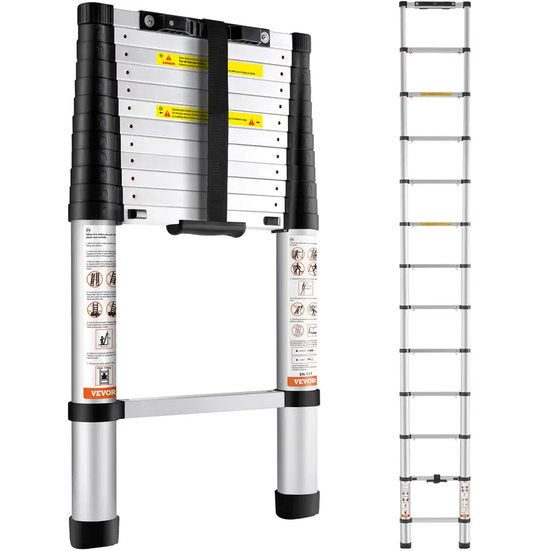VEVOR Adjustable Foldable Aluminum Telescopic Extension Ladder - 12.5 ft, 1-Button Retractable, Max 375lbs (170 kg), Durable Shakeproof Steps, Non-Slip Feet, Floor Guard, Portable Compact, ANSI Listed for Home Indoor/Outdoor Wall Painting