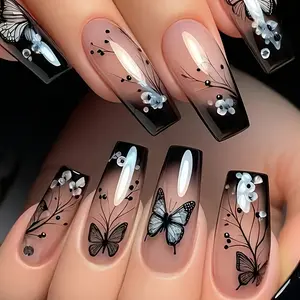 Black French Tip Coffin Nails 24pcs| Long Chic Press-On Set| Minimalist Style DIY Kit| Daily & Party False Nails Gift