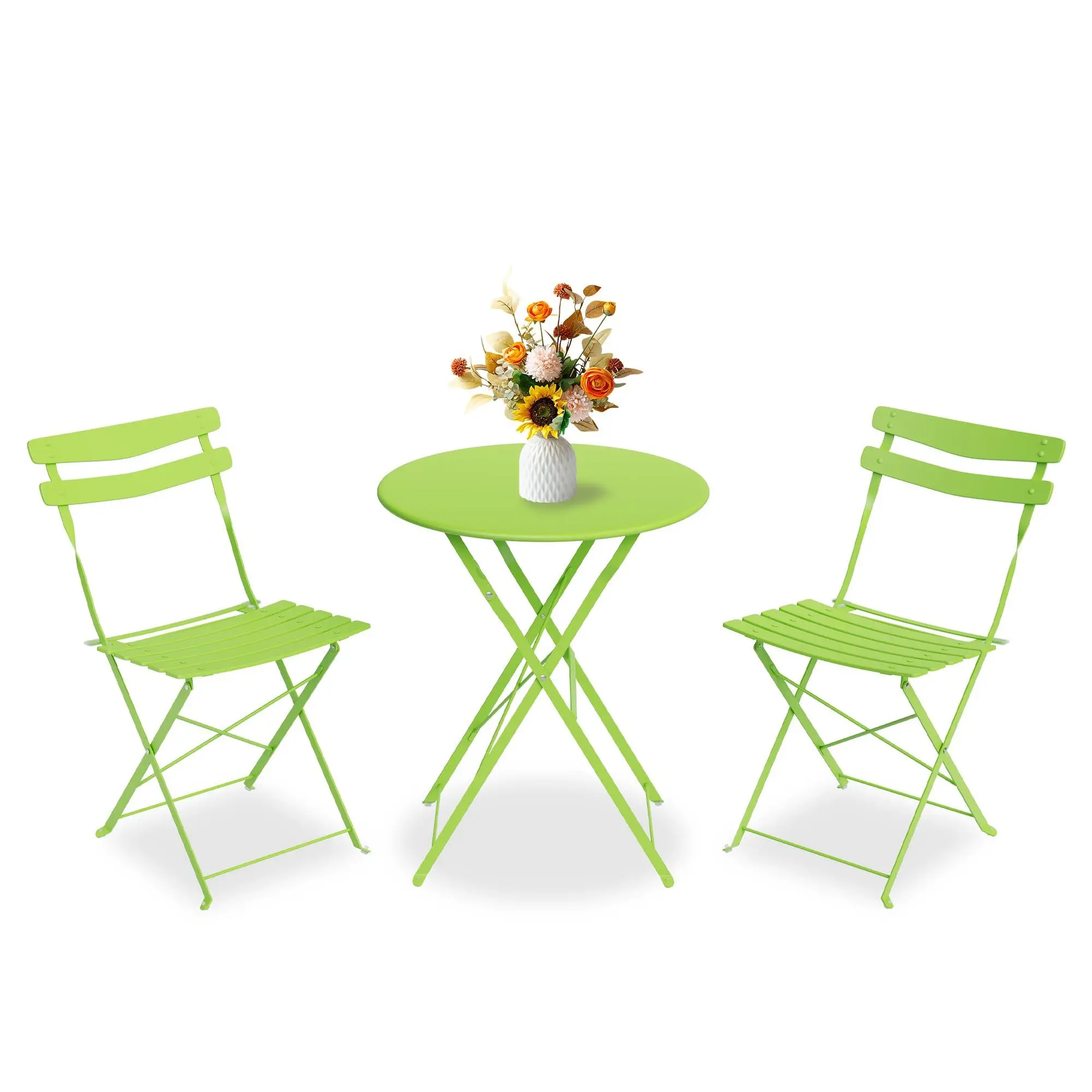 GARVEE Space-Saving Collapsible Patio Bistro Set – 3-Piece Metal Table and 2 Chairs, No Assembly, Compact Outdoor/Indoor Furniture for Balcony, Garden, Yard – Grass Green