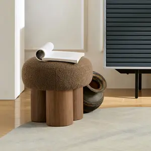 W8017-1 Mushroom stool, brown lamb wool seat, barrel PVC pipe with walnut veneer