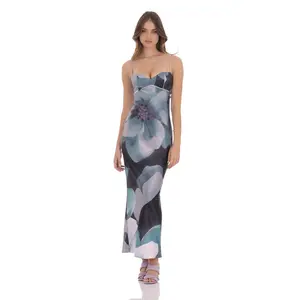 Floral Back Tie Maxi Dress in Dark Teal