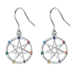 DRINSPER S925 Pagan Earrings Sterling Silver Earrings Pentagram Pentacle Hexagram Zirconia Decor Earrings for Pagan