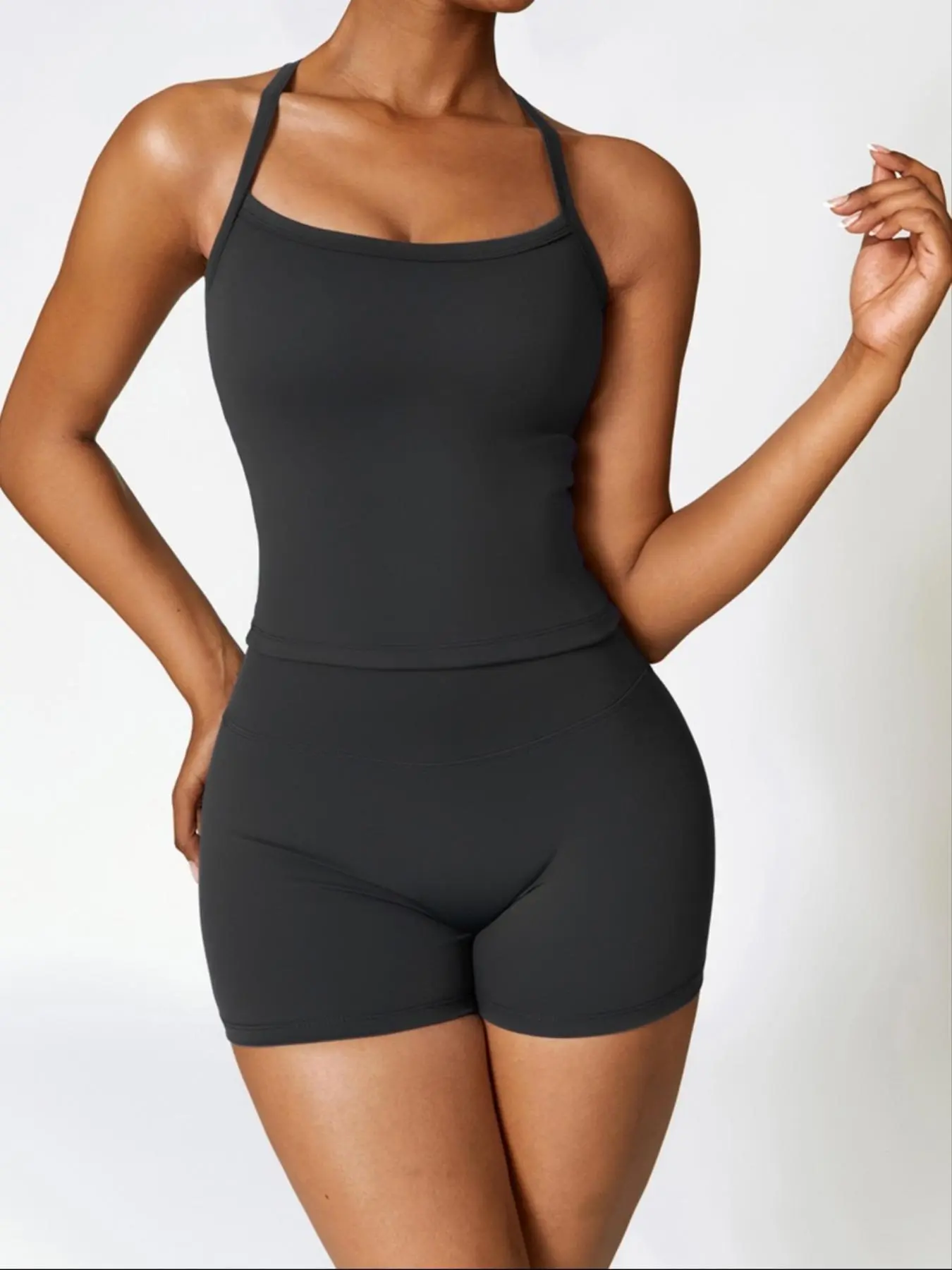 Summer Yoga Fitness Set, Backless Fashion Crossback Tank Top, High Waist Slimming Running Shorts, Sporty Casual Outdoor Workout Clothes, Backless Gym Clothes, Workout Sets Women