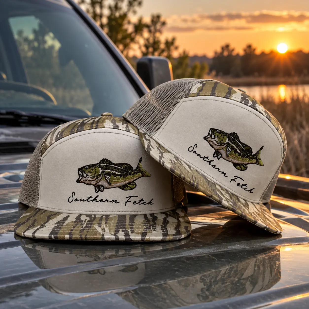 Southern Fetch Bass Fishing Trucker Hat, Embroidered Largemouth Bass Camo Snapback Cap, Mesh Back Flat Brim Fishing Hat, Outdoor Gift for Men