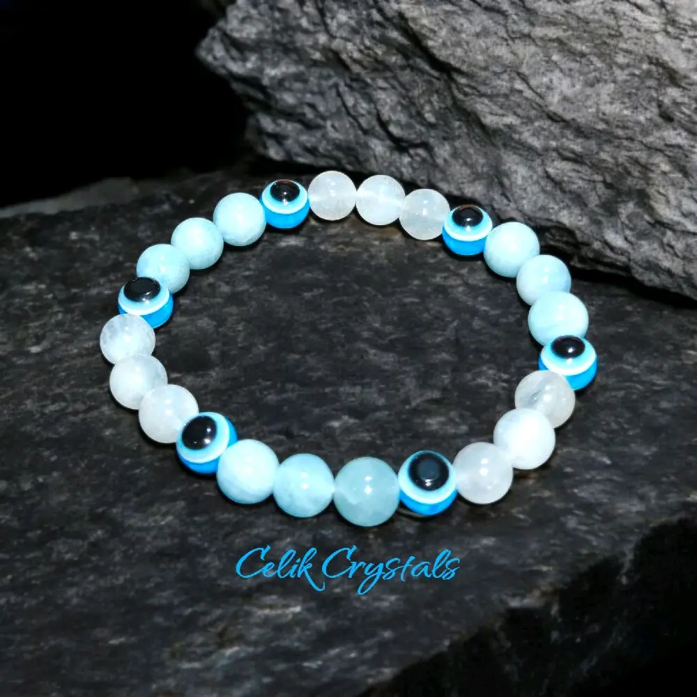 Original Crystal Beaded Bracelet with Natural Moonstone & Aquamarine, 8mm Unisex Healing Wear with Evil Eye for Inner Peace, Stretch Band, Adults