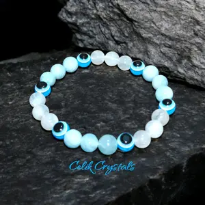 Transparent Moonstone & Aquamarine Evil Eye Bracelet Unisex Healing Crystal 8mm Bead Stretch Band Natural Stones