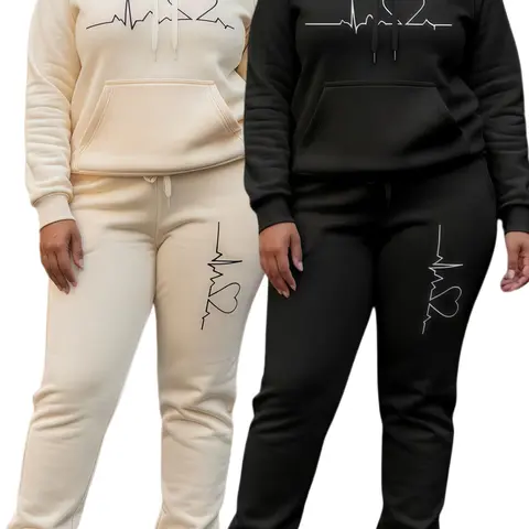 Plus Size Unisex Heartbeat ECG Graphic Hoodie 2-Piece Tracksuit - Long Sleeve Hooded Sweatshirt, Jogger Pants, Casual Women's Soft Loungewear Set, Christmas Gift, 2 Piece Sets, Hoodies