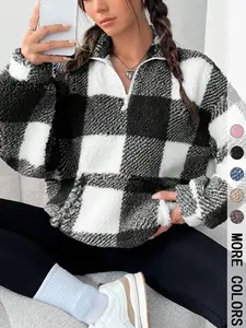 Women's Plaid Print Half-Zip Drop Shoulder Fleece Sweatshirt, Casual Long Sleeve Stand Collar Pullover for Spring & Fall, Ladies Clothes for Daily Wear
